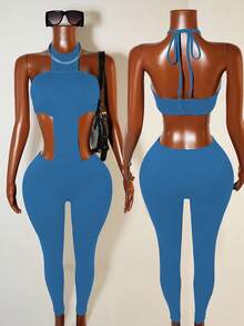 Mistrie 女士性感露背系带连体裤，简约纯色，度假风 - 淺藍色 - 查看 1