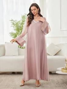 Al Najma 女士优雅水钻领网纱袖土耳其长款连衣裙，适合正式场合 - 粉色 - 查看 6