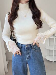 FRIFUL 女士纯色高领长袖纹理面料领口和袖口蕾丝拼接修身休闲百搭T恤，秋冬款