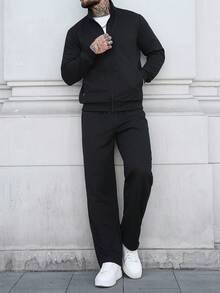 Manfinity CasualCool Men's Solid Color Zip Front Jacket And Drawstring Waist Long Pants Casual Suit - Black - View 3