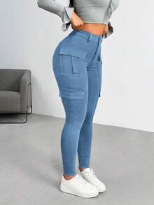Flirla Jeans cargo de corte slim con lavado casual para tallas grandes - Azul - Ver 1