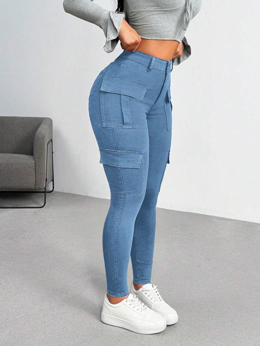 Flirla Jeans cargo de corte slim con lavado casual para tallas grandes - Azul - Ver 1