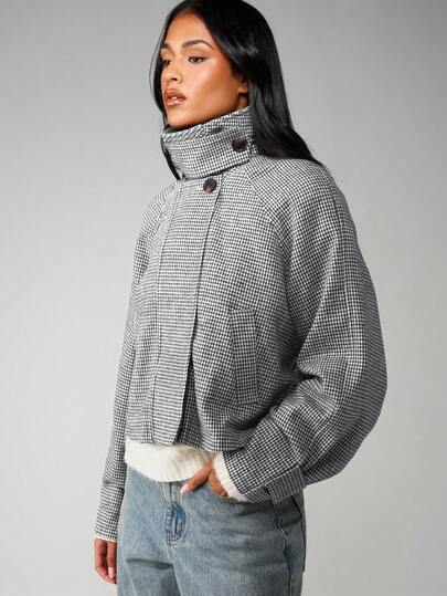 MISSGUIDED 千鸟格羽绒服 冬季外套 高领纽扣开襟外套