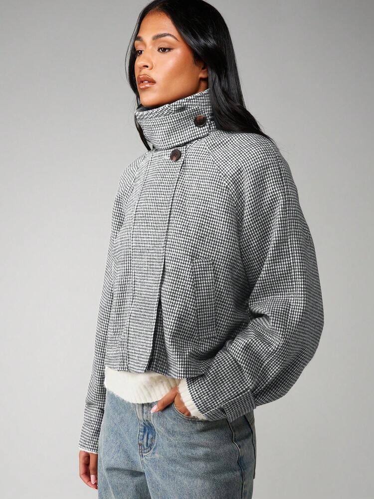 MISSGUIDED Chaqueta acolchada con estampado de pata de gallo, abrigo de invierno con cuello alto y cierre de botones