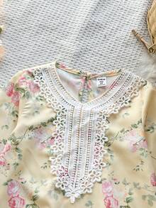 SHEIN Vintaside Kids 女童黄色碎花长袖连衣裙，时尚荷叶边设计休闲装 - 黃色 - 查看 5