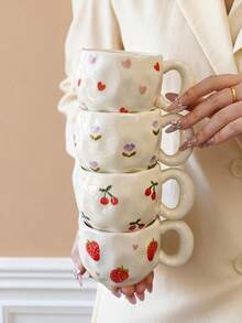 1pc Ins Style Hand-Painted Cherry & Strawberry Ceramic Cup, Asymmetrical Embossed Body, Breakfast Coffee Mug, Girly Desktop Water Cup, Party Afternoon Tea Cup, Red Tea Cup, Large Capacity Water Mug, Coffee Cup - Multicolor - View 1