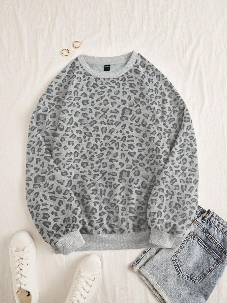 INAWLY 女士休闲豹纹圆领长袖运动衫，秋季 - 灰色 - 查看 1