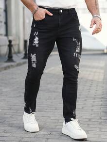 Manfinity Homme 男士口袋做旧修身休闲牛仔裤 - 黑色 - 查看 3