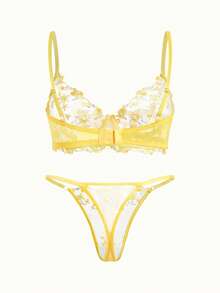 Bonmuse 性感女士花卉刺绣透明贴身两件套内衣套装，浪漫蜜月睡衣，狂野 - 黃色 - 查看 2