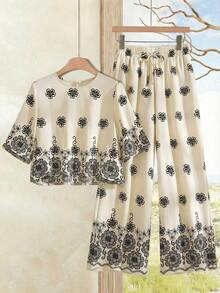 Rusticease 2pcs Women Floral Print Top And Pants Set, Casual Holiday Outfit - Multicolor - View 3