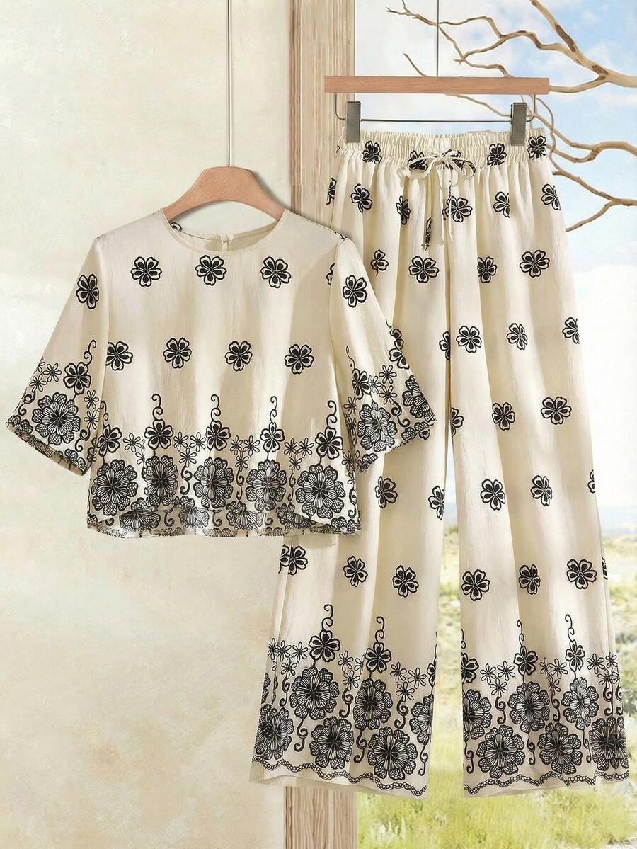 Rusticease 女士碎花上衣和裤子两件套，休闲度假装 - 彩色 - 查看 1