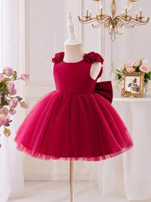 Glamorique Kids 女婴勃艮第缎面网眼高端礼服，3D 花朵，大蝴蝶结后背，蓬松裙摆，适合圣诞节、万圣节、婴儿生日派对，无袖套头连衣裙，适合庆祝、宴会、派对 - 酒紅色 - 查看 4