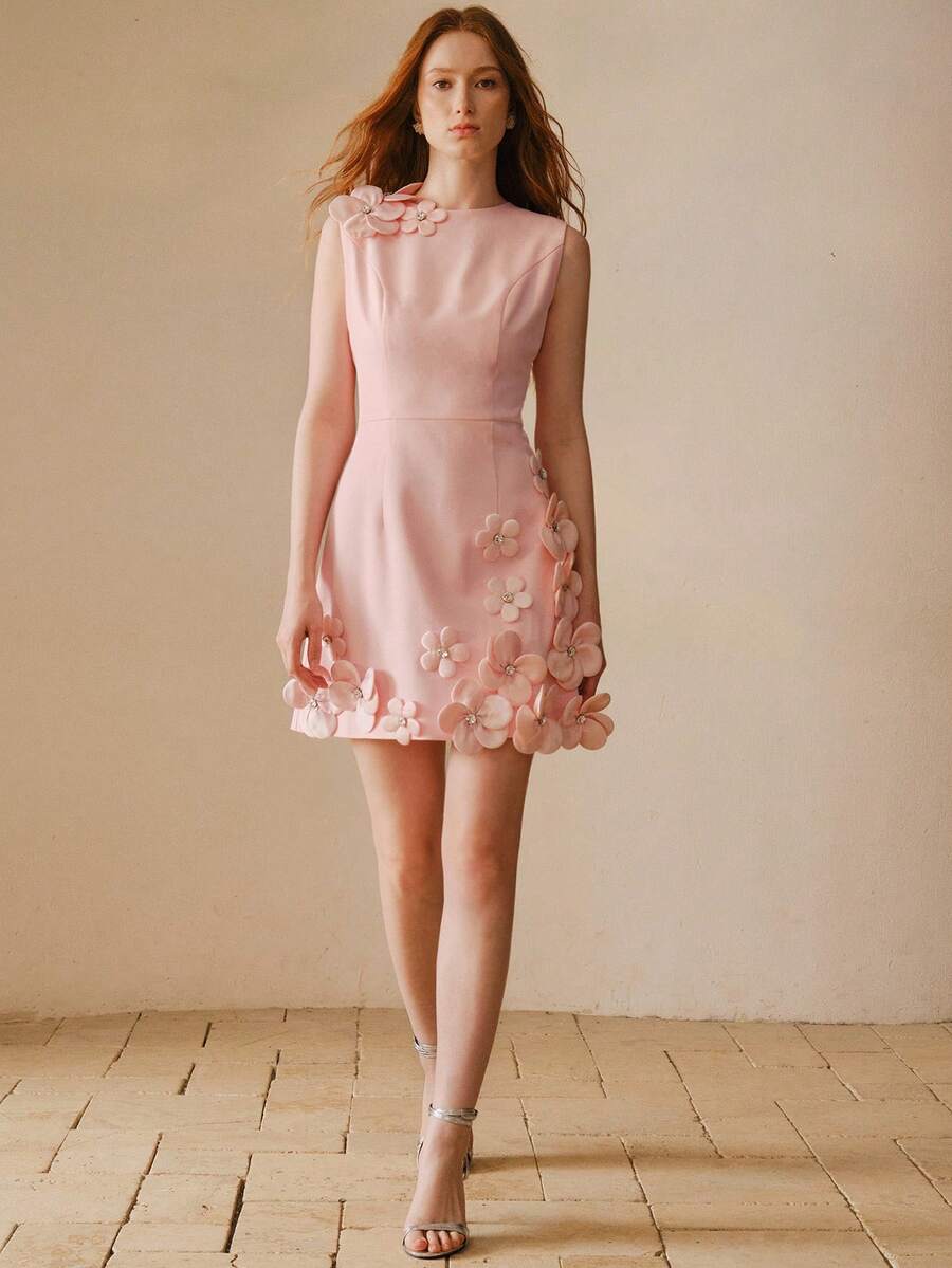 MOTF PREMIUM WOMEN'S SHORT RHINESTONE EMBELLISHED 3D FLORAL DRESS - Pink - View 1