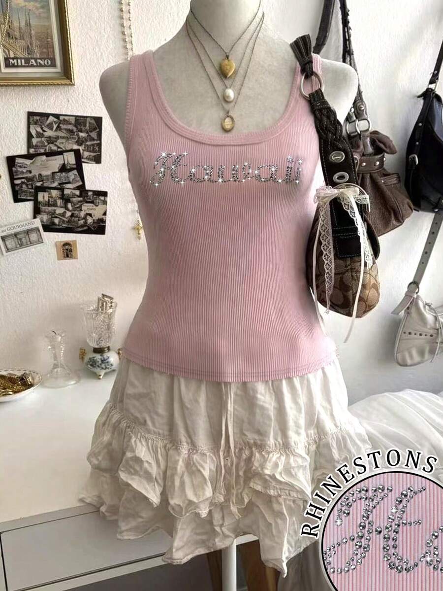 Lalippa New Valentine's Day Versatile Rhinestone Women's Tank Top - Pink - View 1