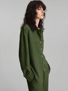 Ontre 两件套女士夏季套装，日常休闲家居服，海滩度假装，长裤+长袖衬衫套装，早午餐装，音乐节套装，优雅派对商务休闲装 - 軍綠色 - 查看 4