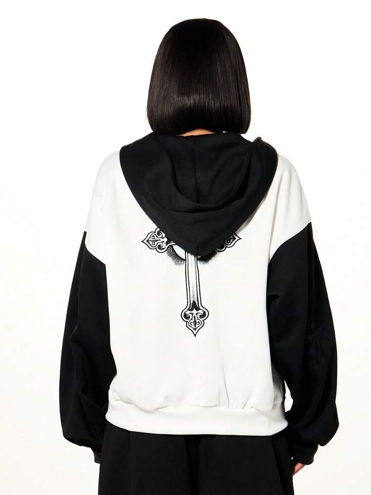 SUMWON WOMEN Cross Embroidered Zip Through Hoodie With Contrast Sleeves
