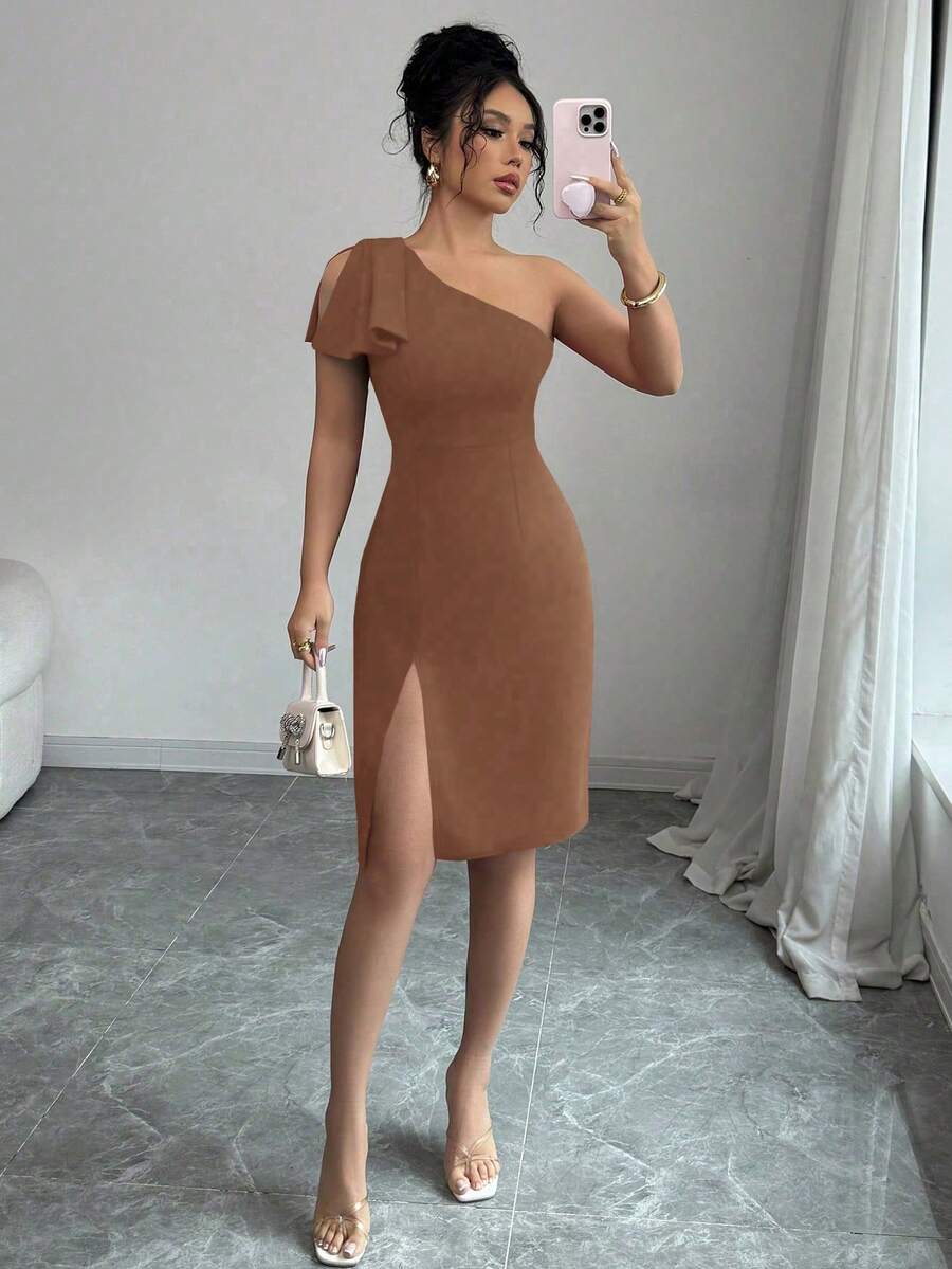 Rafferiza Đầm ngắn ôm sát gợi cảm lệch vai dành cho nữ - màu nâu - Xem 1