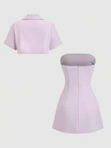 Sweetra Bộ vest blazer dáng ngắn kiểu Pháp, bộ đồ nữ gợi cảm không dây vai. - Màu Hồng baby - Xem 2