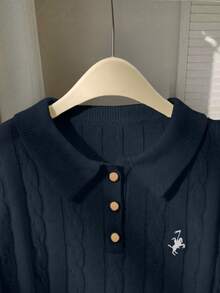 Franclia Áo len dệt kim cổ polo thêu đầu ngựa đơn giản, tay dài, viền tương phản - Màu xanh hải quân - Xem 3