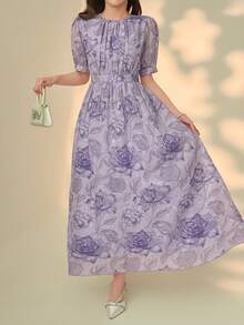 DAZY Women's Floral Print Round Neck Puff Sleeve Elegant Mid-Length Dress - Mauve Purple - View 5