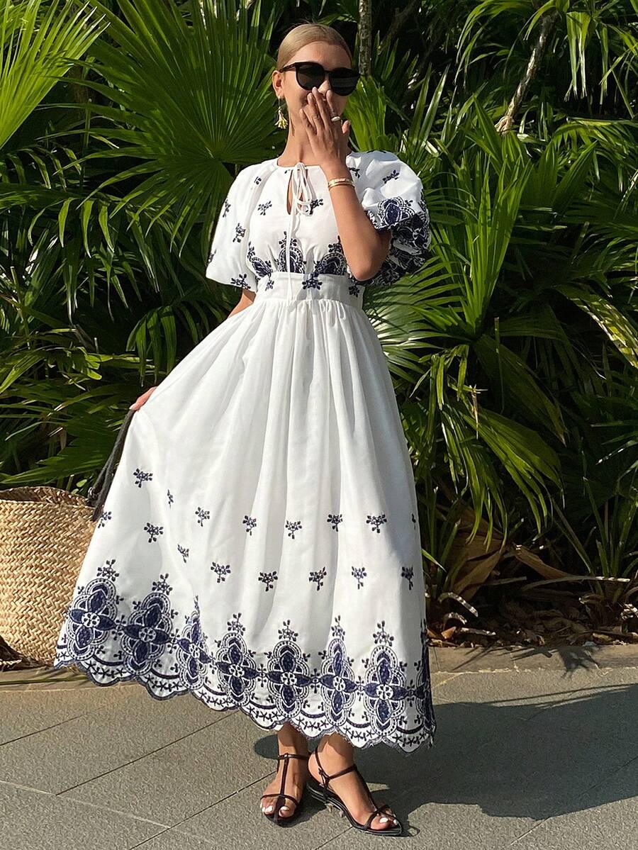 DAZY 女士优雅印花系带中长连衣裙，春夏款 - 黑色 - 查看 1