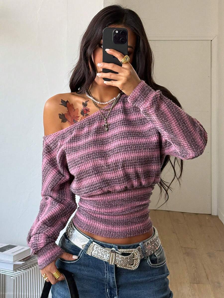 Coolane 女士秋冬Y2K休闲日常条纹弹力长袖露肩T恤 - 紫色 - 查看 1