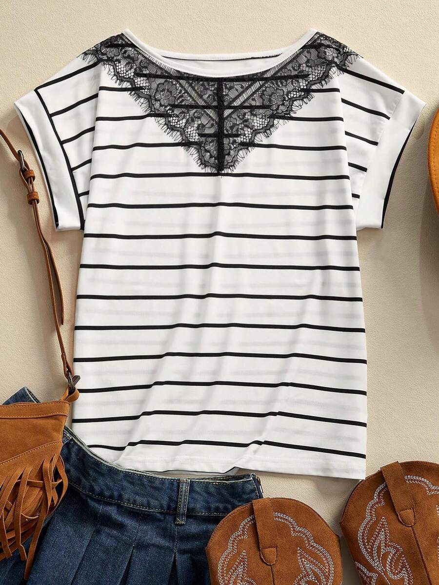 LanaWest Women's Casual Western Style Knit White Base Black Striped Round Neck Lace Trim Short Sleeve T-Shirt, Spring/Summer - White - View 1