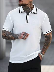 Manfinity Homme 男士罗纹纽扣休闲Polo衫，短袖，尽显男士复古风范，适合日常休闲、周末旅行、户外活动、探险旅行、轻松的工作环境或半正式场合，是送给男友/丈夫、周年纪念/生日、派对、夏季假期、婚礼、春夏、狂欢节等场合的理想之选。这款男士休闲短袖Polo衫采用翻领设计，尽显优雅气质。此外，它还适合男士高尔夫Polo衫、夏季男士服装、白色沙滩装和网球服等场合。 - 白色 - 查看 3
