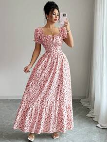 Elenzga New Women's Digital Print Puff Sleeve Tie Front Backless Waist Cinched Dress, Elegant & Chic For Vacation, Date, Flattering & Slimming - Watermelon Pink - View 6