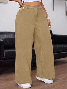 SHEIN CURVE+ Plus Size Women Cowgirl Vintage Style Loose Fit Wide Leg Jeans, Rodeo - Khaki - View 3