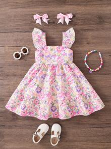 SHEIN 少女碎花荷叶边领休闲连衣裙 - 粉色 - 查看 1