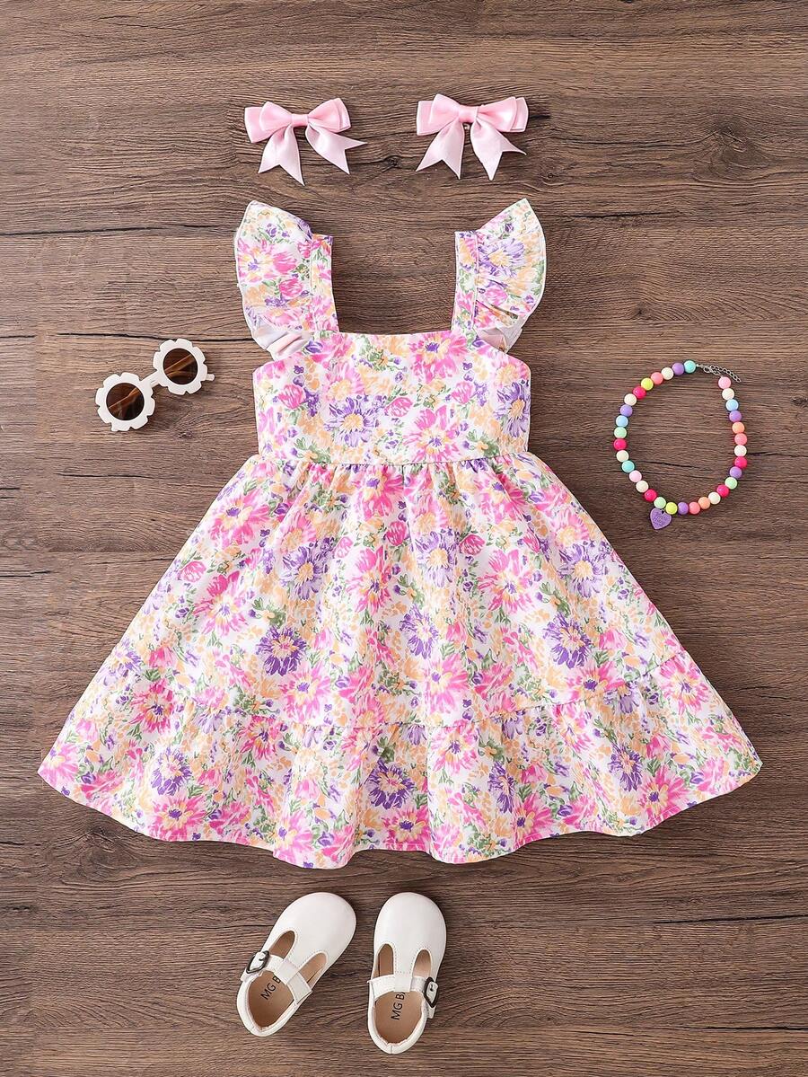 SHEIN 少女碎花荷叶边领休闲连衣裙 - 粉色 - 查看 1