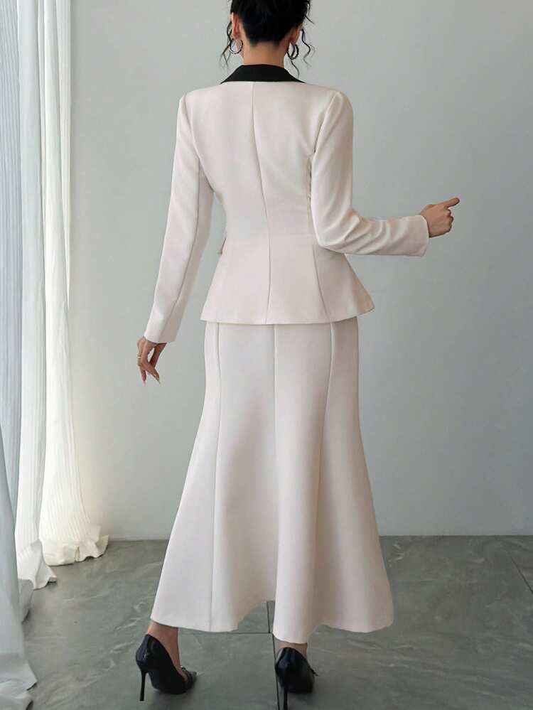 2pcs Women Casual Collared Patchwork Top And Long Skirt Set