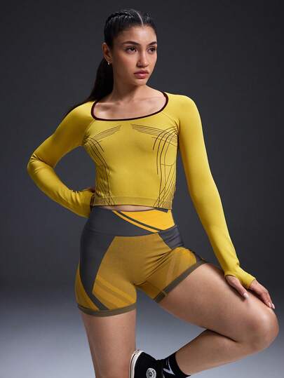  Powerista Women's Striped Thumb Hole Long Sleeve Fitted Athletic T-Shirt  Athletes Top Yellow Color  Yoga Fitness Sports Stretchy Soft Open Front Tie-Up V-Neck Wrap Long Sleeve Cropped Tight Tee, Fashionable Minimalist Casual Elegant Wardrobe Essential Design For Women, Spring/Autumn Fall Cloth For Women