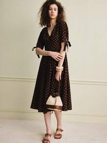 Écloséra Women's Elegant Dress, Commuting Dress, French Dress, Elegant Dress, Polka Dot Dress, Contrasting Dress, Spring And Summer Dress, Waisted Dress, A Swing Dress, Medium And Long Dress - Brown - View 6