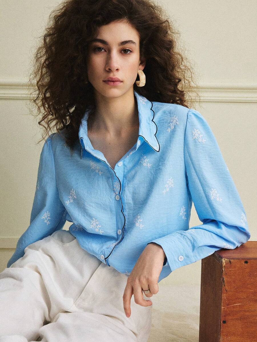 Écloséra 日常百搭通勤休闲衬衫，蕾丝领，长袖，印花，春夏女式上衣，衬衫，春假，优雅女式上衣，优雅女式衬衫，女士度假，衬衫，女士碎花上衣，衬衫，蓝色上衣，衬衫，女士休闲上衣，女士亚麻衬衫，女士蓝色衬衫，夏季衬衫，女士纽扣衬衫，女士浅蓝色衬衫 - 藍色 - 查看 1