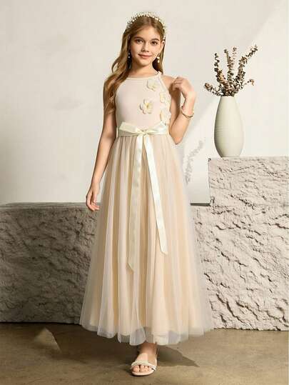 SHEIN 女童优雅简约圆领无袖收腰长款蕾丝拼接多层薄纱纯绿色夏季连衣裙，适合婚礼花童