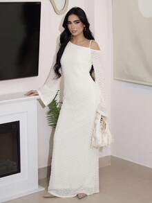 欧美时尚修身针织连衣裙，性感露肩紧身长袖连衣裙超长女装 - 杏色 - 查看 1