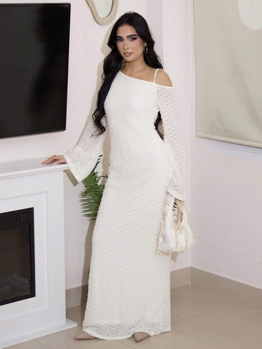 欧美时尚修身针织连衣裙，性感露肩紧身长袖连衣裙超长女装 - 杏色 - 查看 1