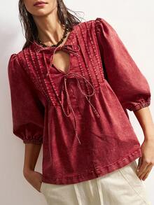 Bohemela 女士休闲度假前系结灯笼袖褶皱娃娃衫，春夏秋季 - 紅木色 - 查看 2