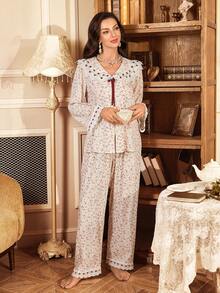 SHEIN Conjunto de pijama holgado de manga larga con bordado floral diminuto y estilo vintage para mujeres - Multicolor - Ver 3
