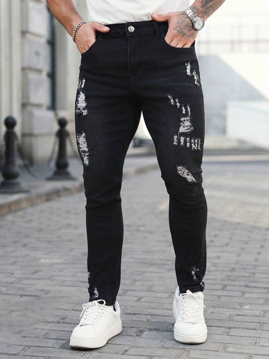 Manfinity Homme 男士口袋做旧修身休闲牛仔裤 - 黑色 - 查看 1
