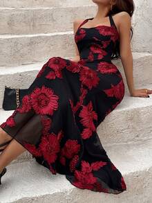 Sunnyshic 女士酒红色露背修身长款鱼尾连衣裙，奢华刺绣，优雅迷人，适合婚礼、派对、宴会、海滩、夜店、约会、秋季、情人节、圣诞节等场合。 - 紅色和黑色 - 查看 5