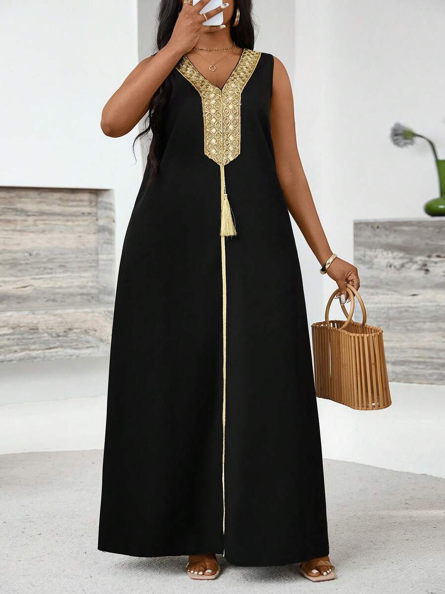 Villa Velisse Đầm dài cỡ lớn kiểu Trung Đông dành cho nữ, viền hoa ruy băng vàng, tua rua, đầm đi nghỉ mát, đầm không tay cổ chữ V, đầm thường ngày kiểu Trung Đông mới, đầm không tay xẻ tà viền ren vàng đính kết cầu kỳ, đầm dài ôm dáng, đầm maxi đen. - màu đen - Xem 1