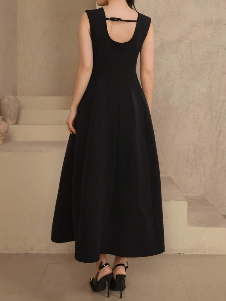 Women's Round Neck Sleeveless Waist Cinched Black Hollow Back Elegant Dress Sundress
