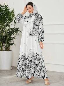 Al Najma 优雅荷叶边褶皱印花灯笼袖宽松连衣裙，配头巾，度假风 - 黑色 - 查看 4