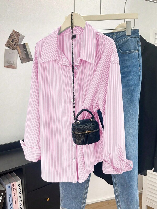 Franclia Plus Size Striped Casual Long Sleeve Woven Shirt, Autumn/Winter Pink Shirt Stripe Shirt Pink Button Up Pink Blouses Striped Blouse