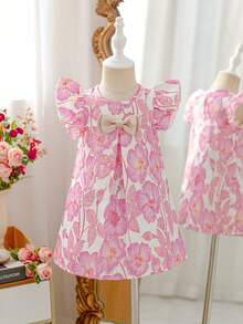 Glamorique Kids Baby Girls Spring/Summer New Jacquard Woven Bow Design Party Dress - Pink - View 8