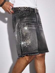 ROMWE MEN Street Life Men's Casual Washed Rhinestone Denim Shorts - Black - View 7