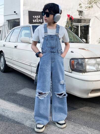 Tween Boy Fashion Casual Vintage Cool Street Cut Out Ripped Frayed Blue Denim Ripped Loose-Fitting Comfortable Denim Drawstring Pants For Kids Clothes Tween Boy Dailywear And Kids Spring To Summer Rave Outfits Festival And Outfits Streetwear Clothes